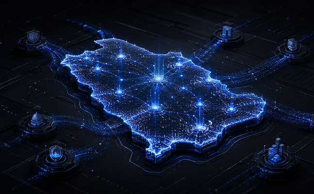 Glowing blue digital map of Saudi Arabia covered in network nodes